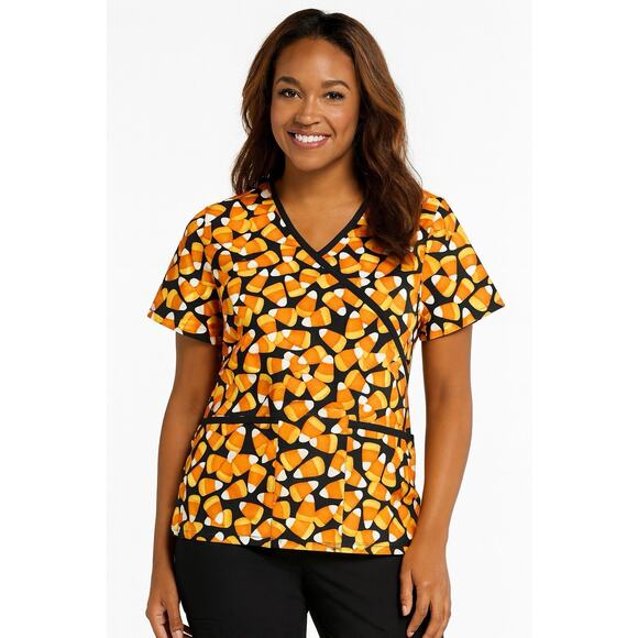 Tafford Scrub Uniform Top Medium Halloween Candy Corn Pattern Orange Black White - Picture 1 of 9